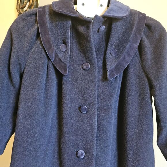 Vintage LC Tailorwear England Wool Swing Coat Navy Blue Girls 10 Velvet trim 60s - Picture 2 of 9